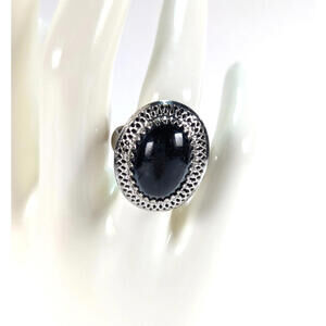 Whiting And Davis Ring Black French Glass Silver Tone Statement Cocktail Size 7